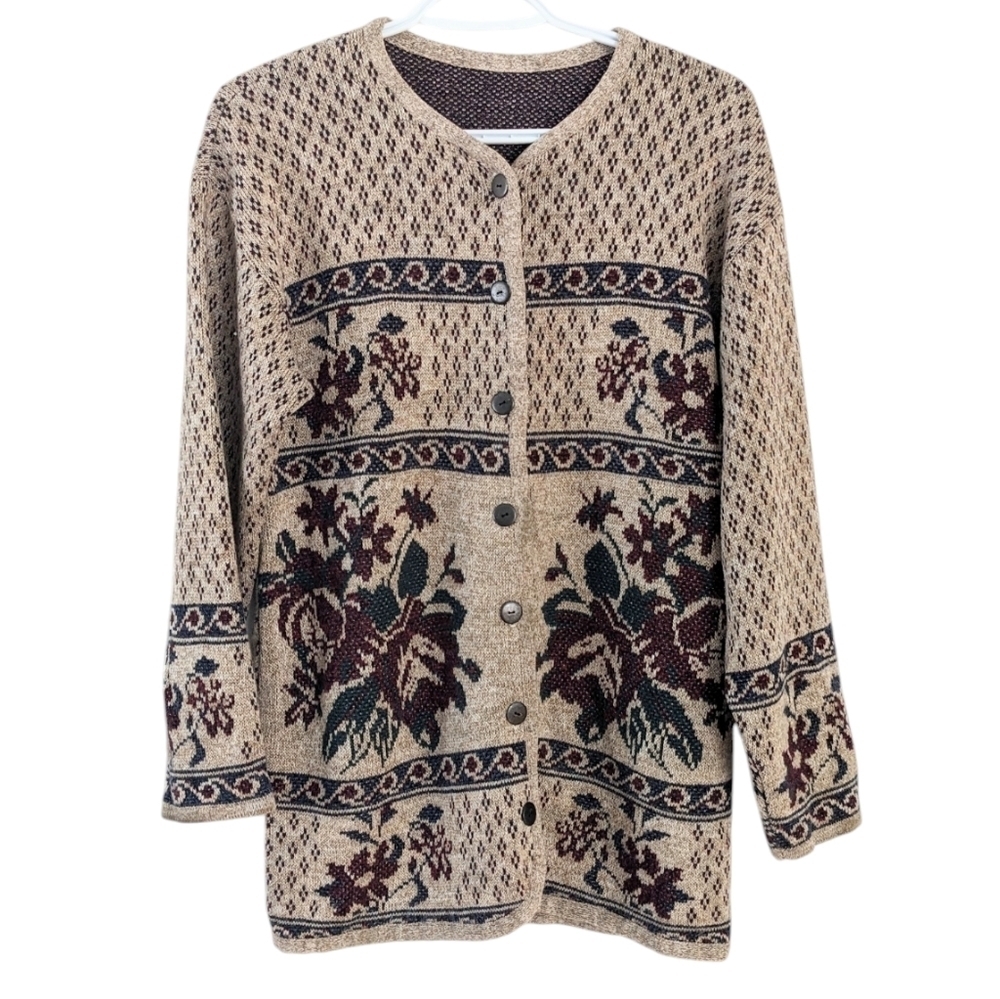 Vintage granny Style Knit Cardigan, Size Medium or Small Earth Tones, Floral